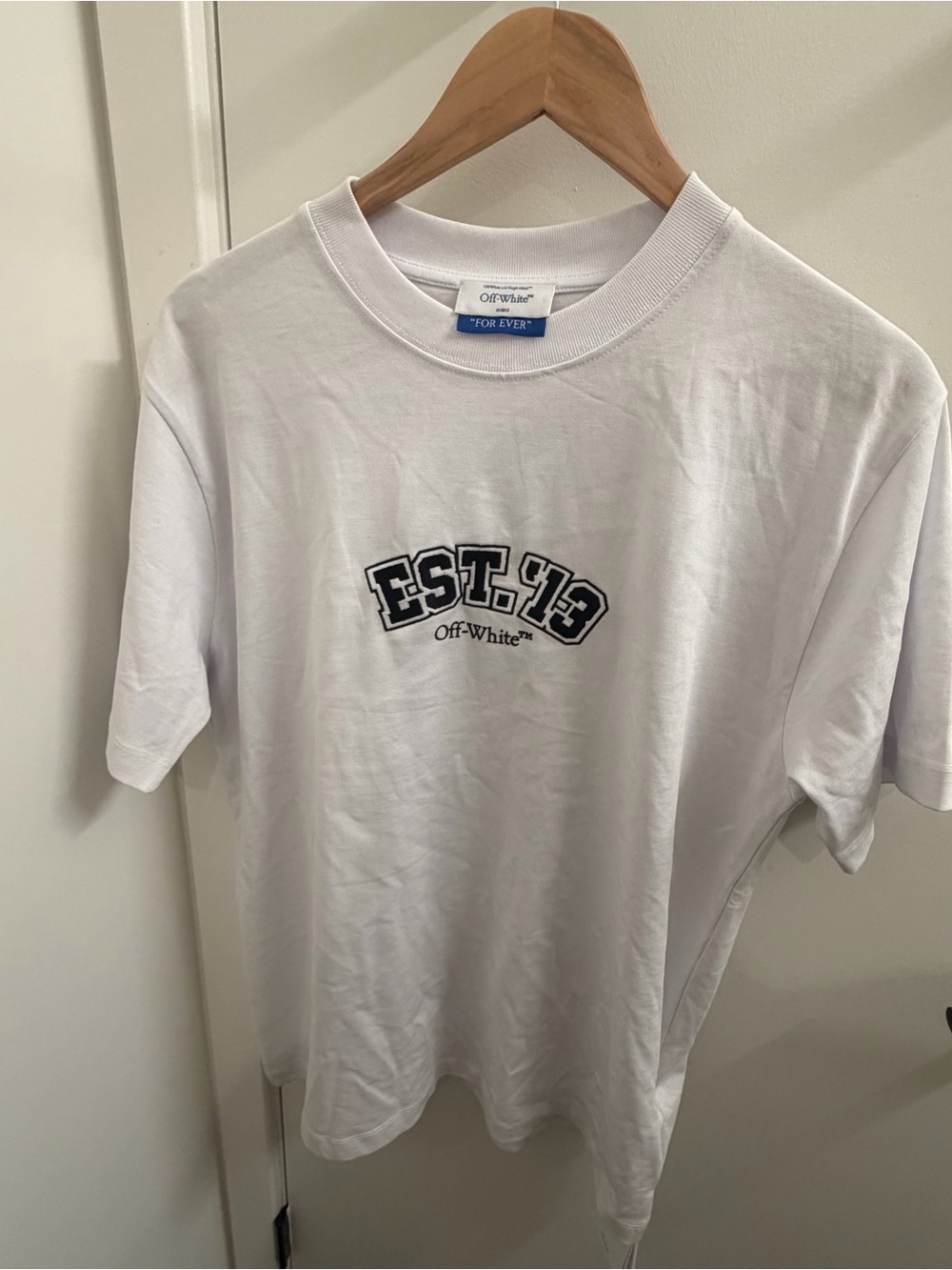 Off-White White Tee with Blue "FOR EVER" Tag
